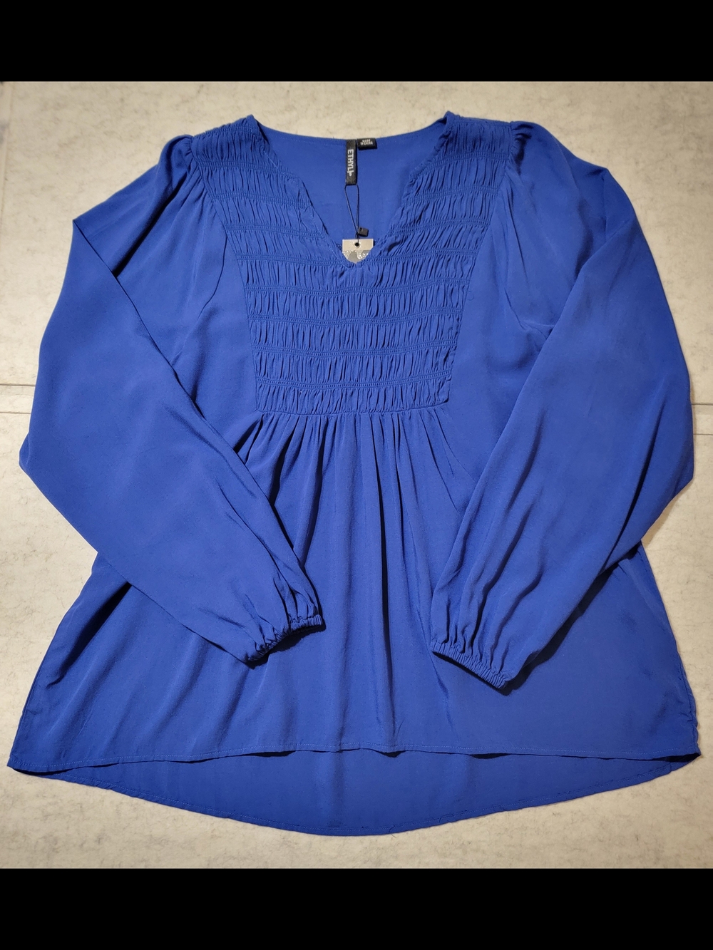 NWT Ethyl Royal Blue Ruched Smocked Babydoll Peasant Blouse Top Small